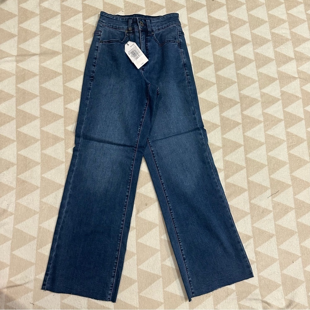 Universal standard wide leg jeans raw frayed hem comfort stretch